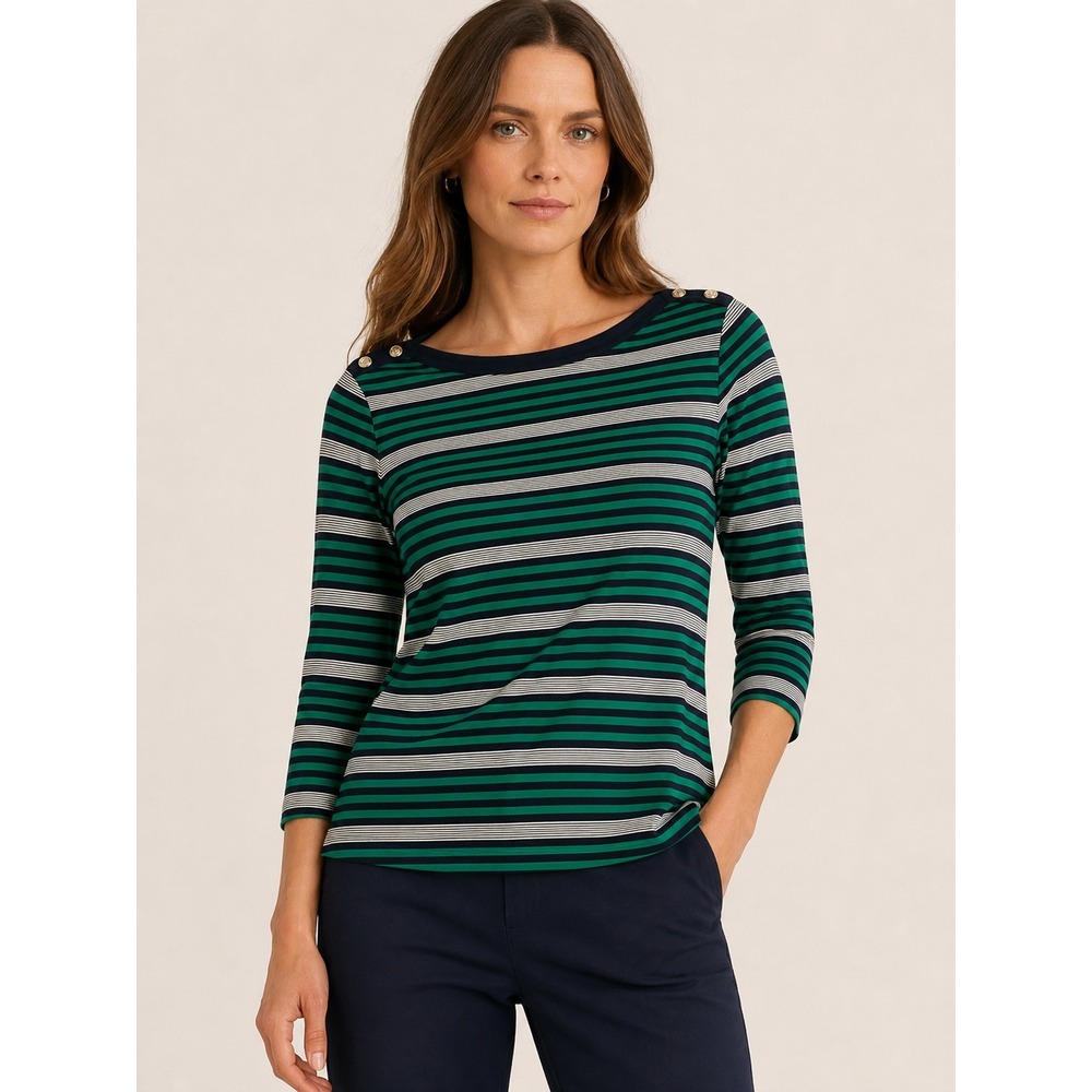 Lands End Women Striped Boat Neck Top Size S Green Navy Nautical Anchor Button